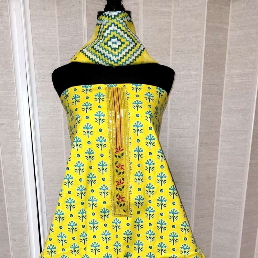 New 3 Piece Unstitched Yellow Shalwar Kameez with Unstitched Pants & Dupatta